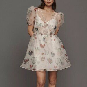 Farm Rio x Anthropologie Semi Sheer Puff Sleeve Heart Print Babydoll Dress XL